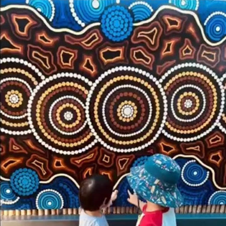 children interacting with Indigenous artwork