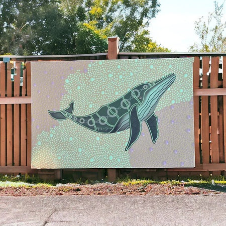 Aboriginal art of a whale printed on banner mesh
