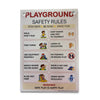 A rectangular Playground Safety Rules sign with rounded corners, featuring red and black text on a white background with small colorful illustrations. It is shown hanging against a plain white background.