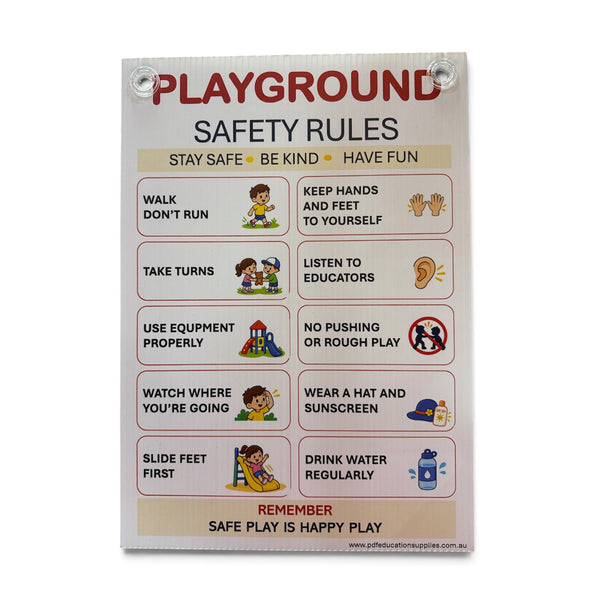 A rectangular Playground Safety Rules sign with rounded corners, featuring red and black text on a white background with small colorful illustrations. It is shown hanging against a plain white background.